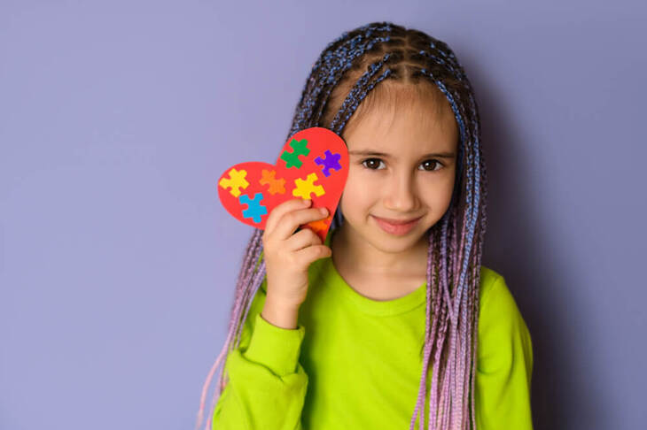 Dziewczynka z warkoczykami we wlosach trzyma kolorowe serce ktore jest symbolem swiadomosci autyzmu