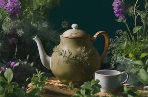 Spokojna, nieruchoma scena z czajnikiem i filiżanką herbaty, otoczona bujnym ogrodem zioł i kwiatów.