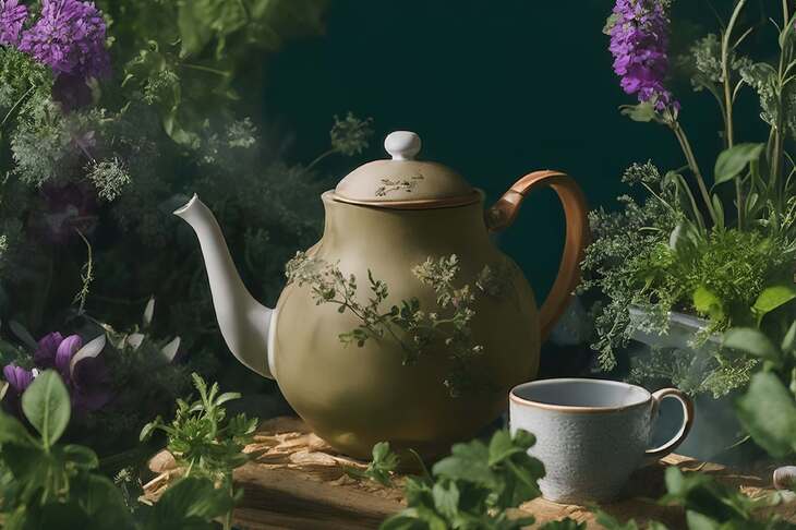 Spokojna, nieruchoma scena z czajnikiem i filiżanką herbaty, otoczona bujnym ogrodem zioł i kwiatów.