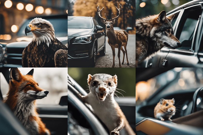 Mozaika 6 zdjęć zwierząt w okolicy samochodu. Od lewej u góry widać orła, później jelenia, wilka, lisa, kunę i chomika