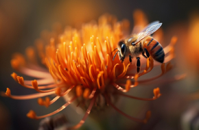 Pszczoła, której przetwory są wykorzystywane do apiterapii, zapyla pomarańczowego kwiatka