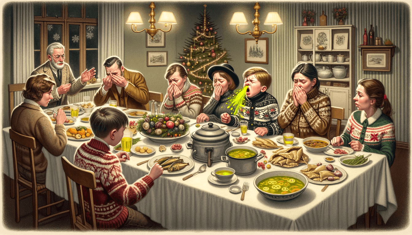 Rodzina zgromadzona przy świątecznym stole w domu klasy średniej podczas Wigilii Bożego Narodzenia.