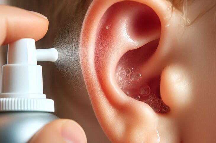 Szczegółowy widok ludzkiego ucha, do którego aplikowany jest spray z butelki z atomizerem. Widoczne są krople leku i jego pianka wewnątrz ucha.
