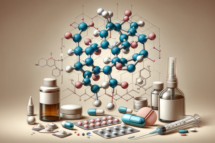 Ilustracja przedstawiająca molekułę kortykosteroidu wraz z różnymi formami medykamentów takimi jak krem, pigułki, plastry i inhalator, ukazane w estetyce naukowej bez użycia tekstów czy etykiet.