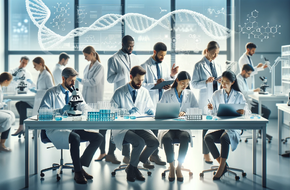 Zróżnicowana grupa naukowców pracujących w nowoczesnym laboratorium nad badaniami nad rakiem. Jasne, zorganizowane otoczenie z akcentami DNA i struktur molekularnych.