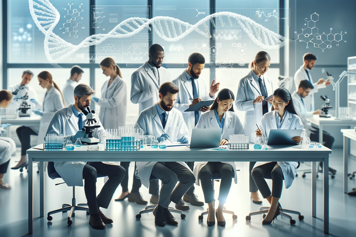 Zróżnicowana grupa naukowców pracujących w nowoczesnym laboratorium nad badaniami nad rakiem. Jasne, zorganizowane otoczenie z akcentami DNA i struktur molekularnych.