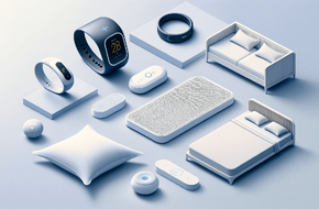 Obrazek przedstawia kolekcję nowoczesnych gadżetów medycznych w minimalistycznym stylu, w tym urządzenie do monitorowania zdrowia, elegancki pierścień fitness, inteligentny materac i nakładkę materaca, a także poduszkę zaprojektowaną do walki z chrapaniem