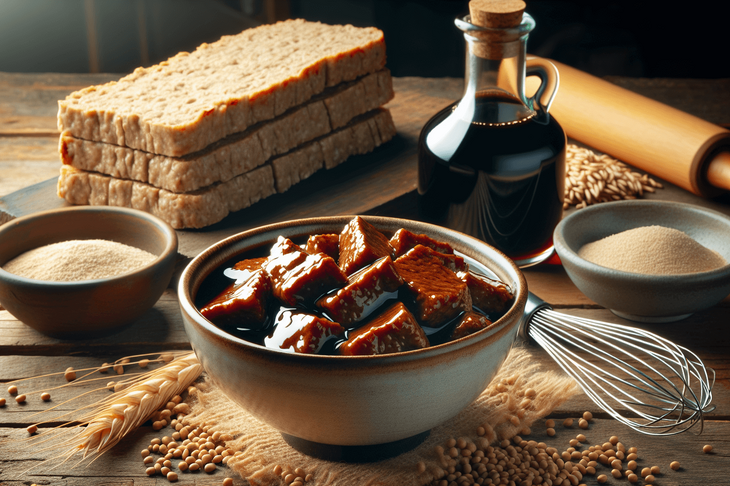 Zdjęcie ukazuje miskę seitanu w sosie, obok chleba pszennego, mąki, butelki z ciemnym sosem i wałka do ciasta na drewnianym blacie, co sugeruje przygotowywanie posiłku wegetariańskiego.