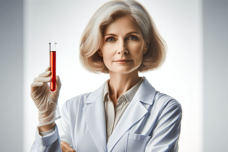 Portret starszej kobiety w białym fartuchu laboratoryjnym, trzymającej probówkę z czerwoną cieczą, na białym tle.