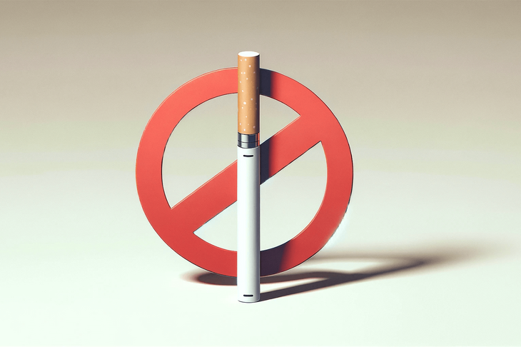 Minimalistyczne przedstawienie zakazu w formie czerwonego znaku 'zakaz palenia', nałożonego na biały jednorazowy e-papieros z beżowym ustnikiem, imitującym filtr tradycyjnego papierosa.