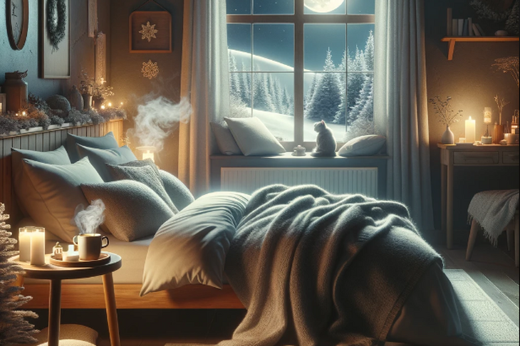 Łóżko w ciepłym i przytulnym pomieszczeniu a za oknem zima. Ilustracja zdrowego snu zimą.