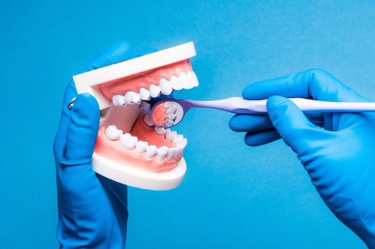 Ręce w niebieskich rękawiczkach trzymające model zębów dentystycznych i lustro demonstrują, jak powstaje parodontoza