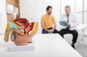 Model anatomiczny męskiego układu rozrodczego na pierwszym planie, w tle lekarz rozmawiający z pacjentem o zaburzeniach erekcji