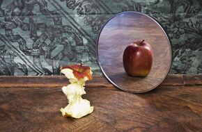 Ogryzek od jabłka stojący przy lustrze